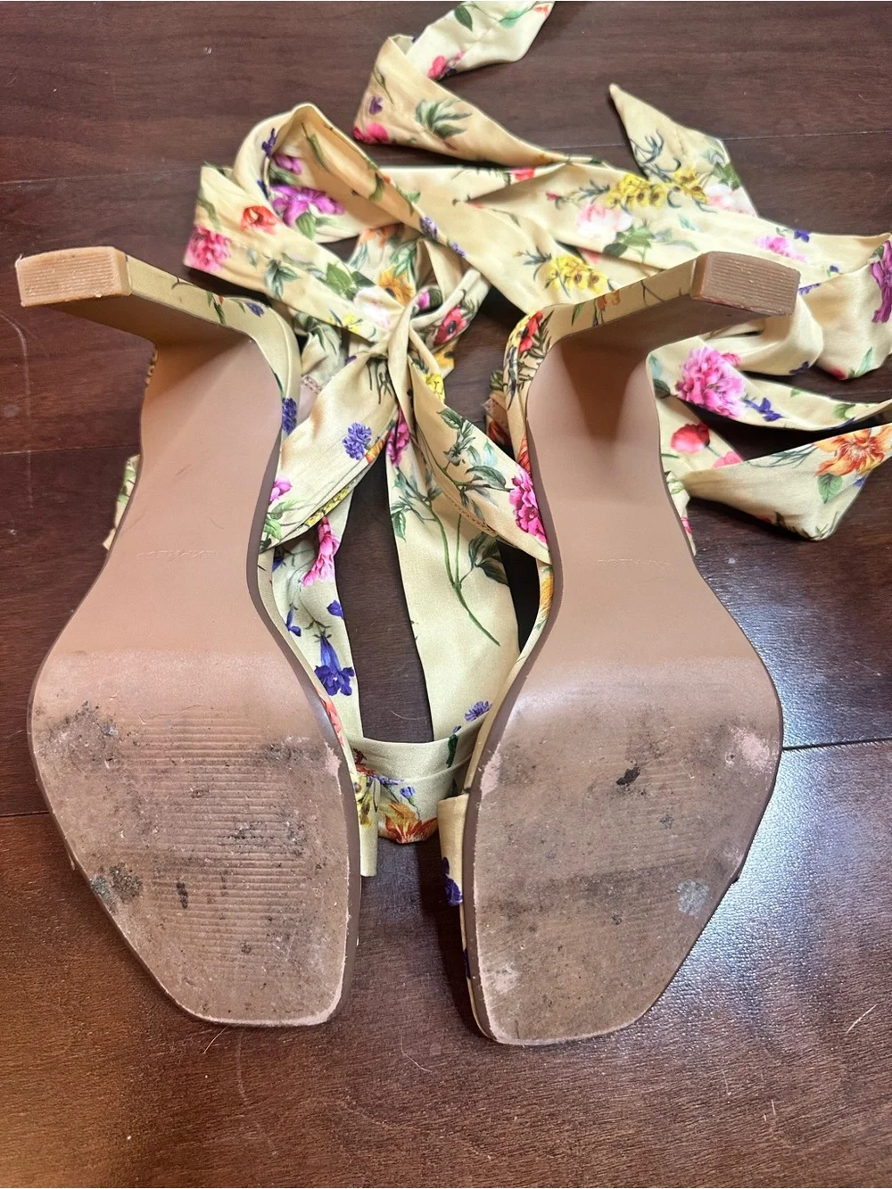 Express Floral Tie-Wrap Heeled Sandals in Yellow